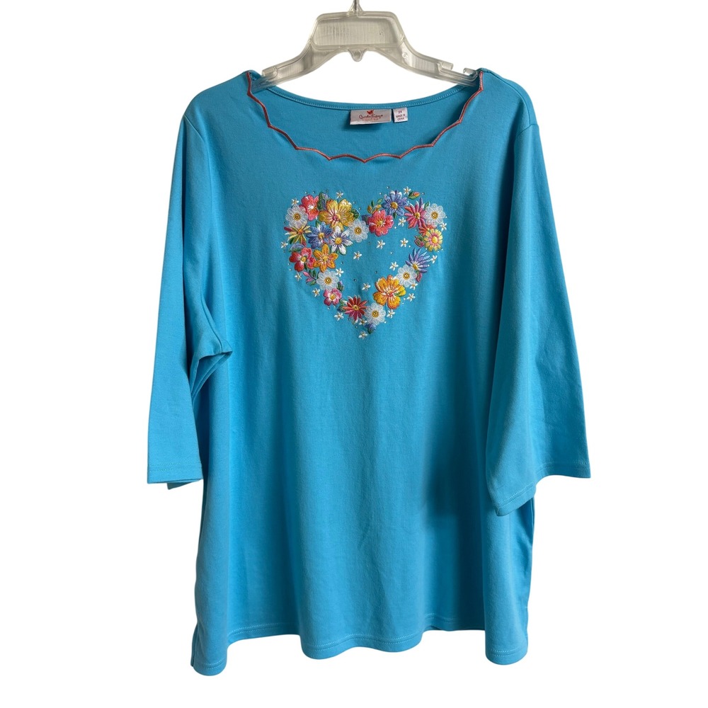 Quacker Factory Blue Floral Heart Embroidered 3/4 Sleeve Top 2X Scalloped Neck